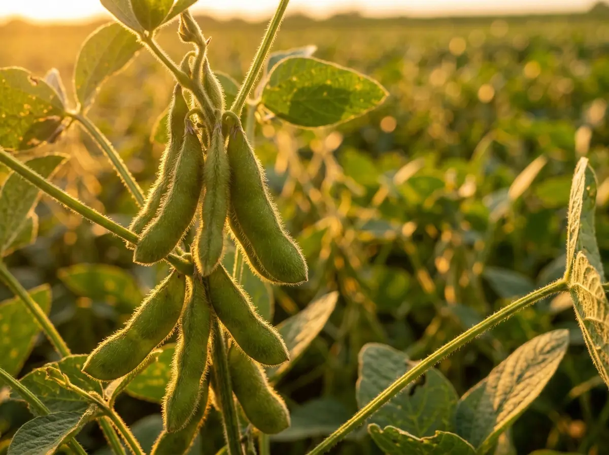 Soybean pods on the plant at golden hour