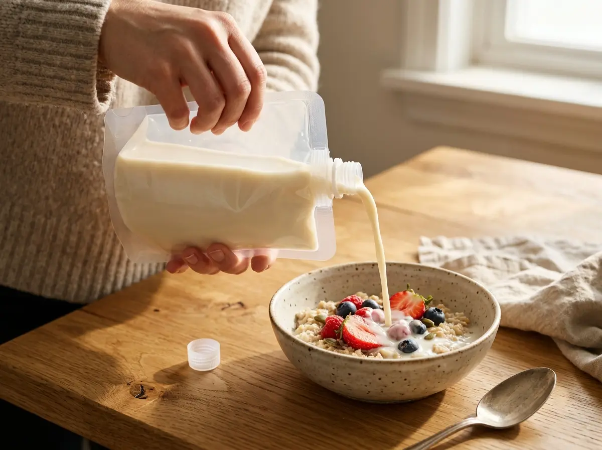 Pouring Plain Bean soy milk from a pouch over a bowl of oats and berries