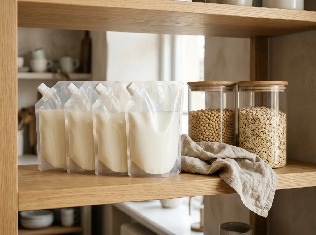 Plain Bean pouches on an oak pantry shelf beside jars of beans and oats