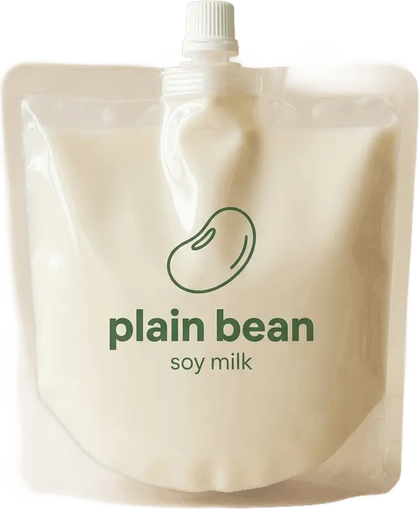 Plain Bean original soy milk in a clear square spout pouch