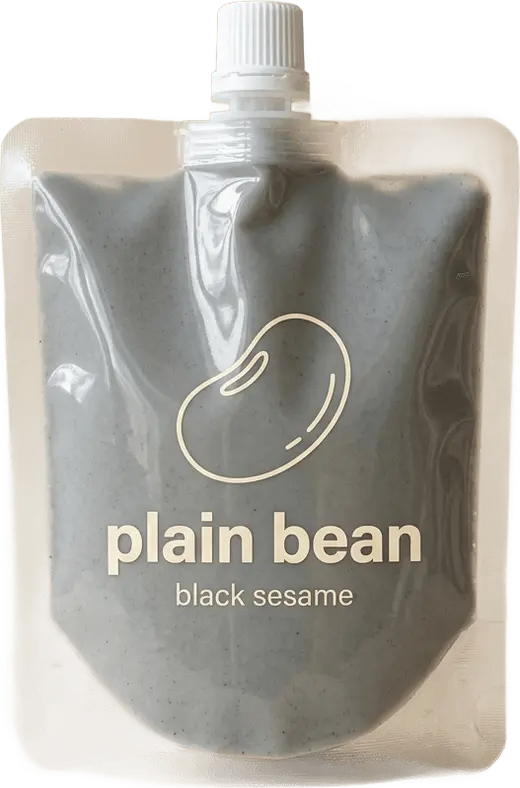 Plain Bean Black Sesame soy milk in a clear square spout pouch