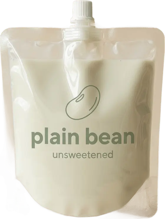 Plain Bean Unsweetened soy milk in a clear square spout pouch